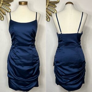 Stacees Simple Square Neckline Sleeveless Silk like Satin Short Mini Dress